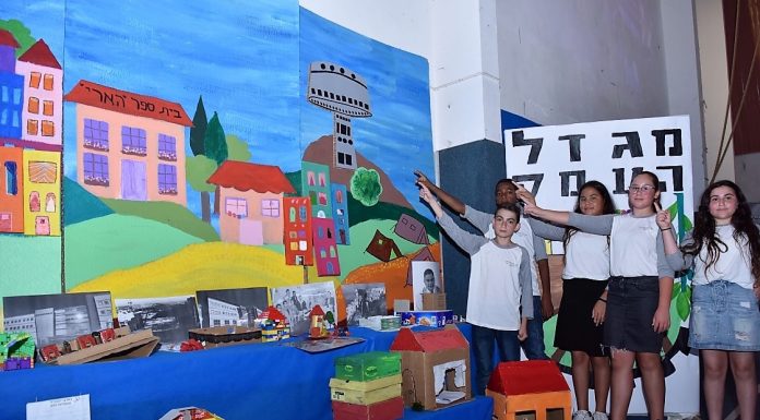 הארי מציגים את התערוכה שהכינו במסגרת הצדעה למייסדי העיר